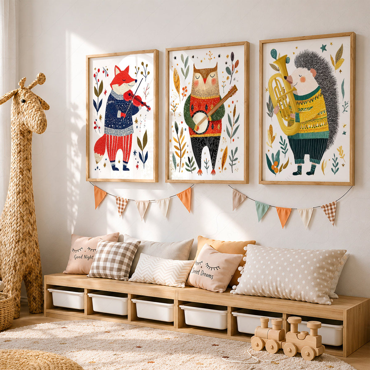 Woodland Animal Musician Print Set of 3 – Whimsical Nursery Wall Art