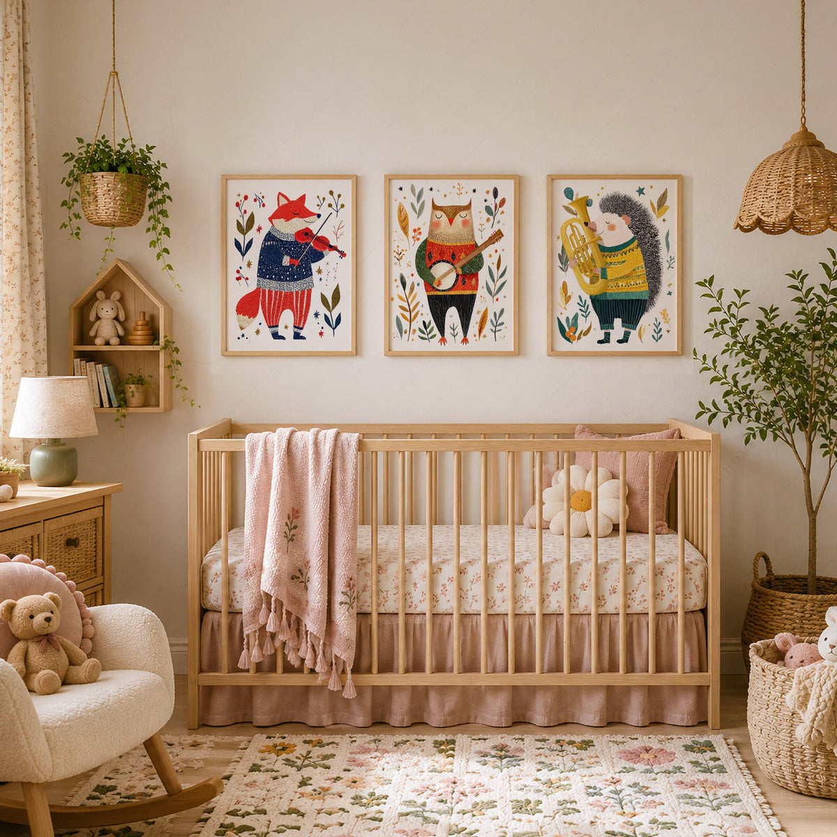 Woodland Animal Musician Print Set of 3 – Whimsical Nursery Wall Art