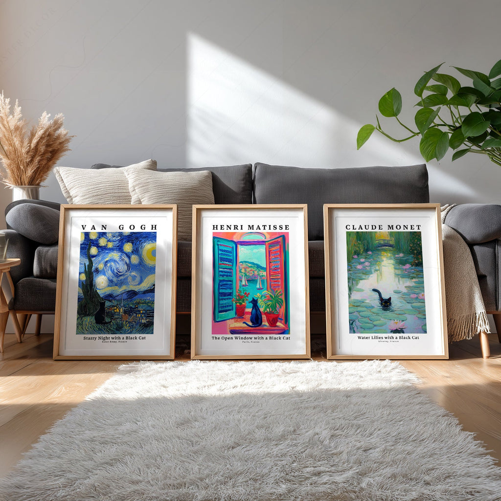 Black Cat Art Print Set – Van Gogh Matisse Monet Inspired Wall Art
