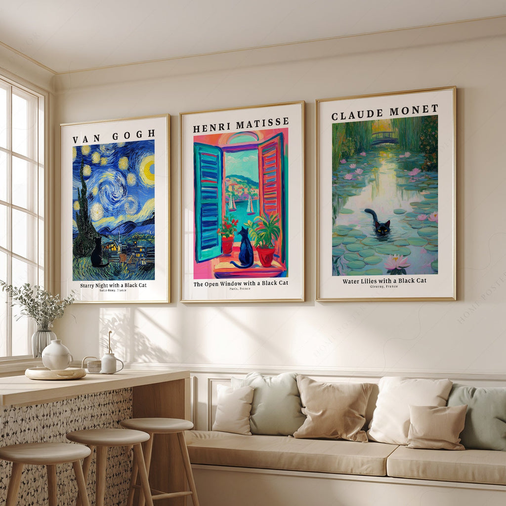 Black Cat Art Print Set – Van Gogh Matisse Monet Inspired Wall Art