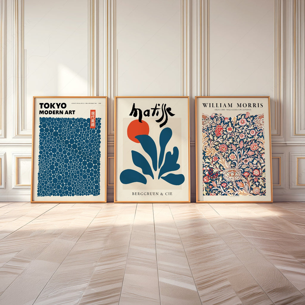 Ensemble de murs galerie bleu sarcelle – Reproductions d'art Henri Matisse, Yayoi Kusama et marché aux fleurs