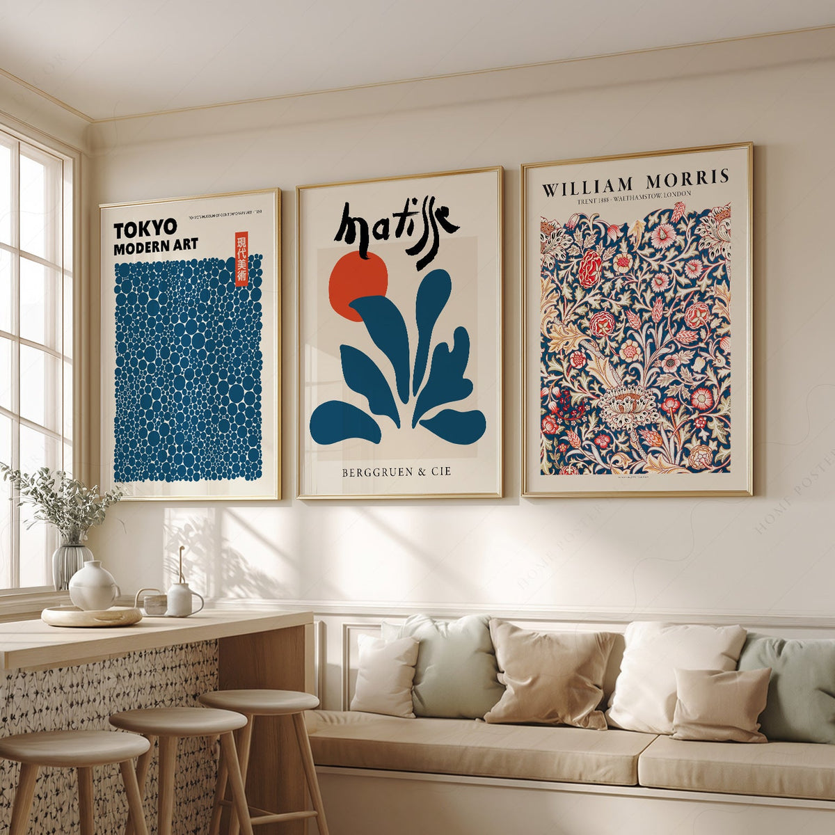 Ensemble de murs galerie bleu sarcelle – Reproductions d'art Henri Matisse, Yayoi Kusama et marché aux fleurs