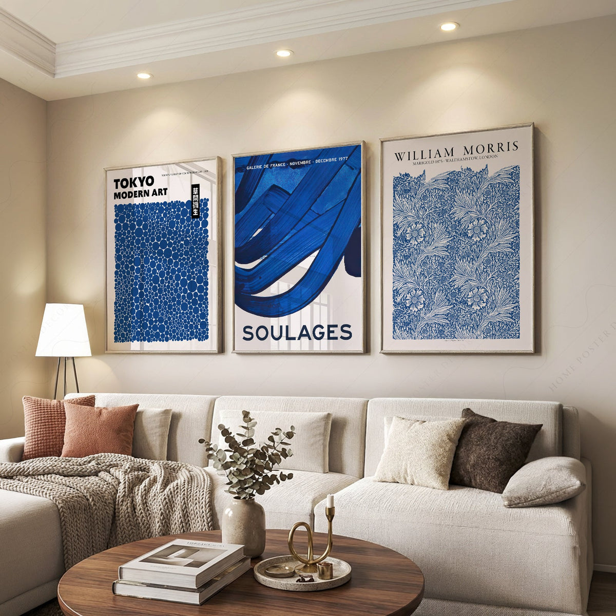 Ensemble mural bleu indigo de 3 pièces – Reproductions d'art Kusama Morris Soulages