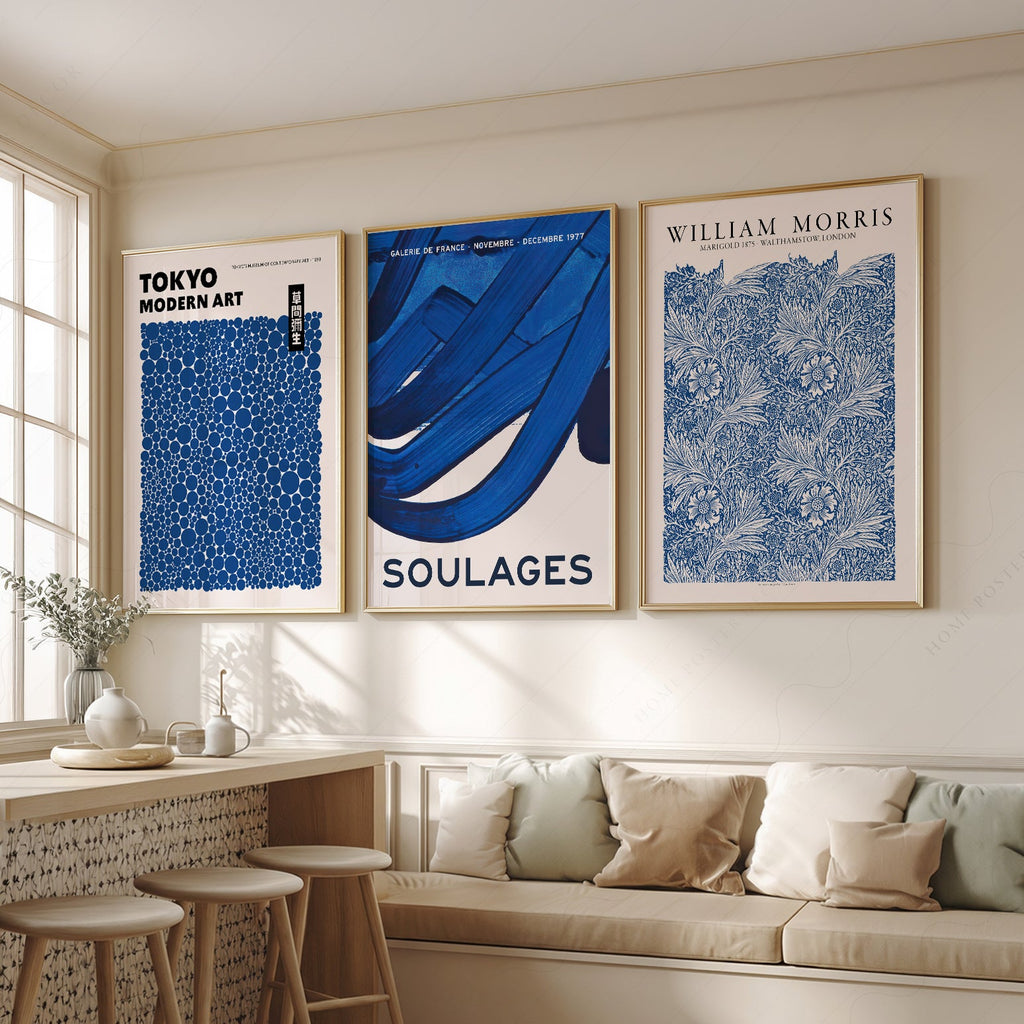Ensemble mural bleu indigo de 3 pièces – Reproductions d'art Kusama Morris Soulages