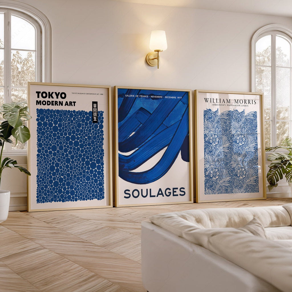 Ensemble mural bleu indigo de 3 pièces – Reproductions d'art Kusama Morris Soulages