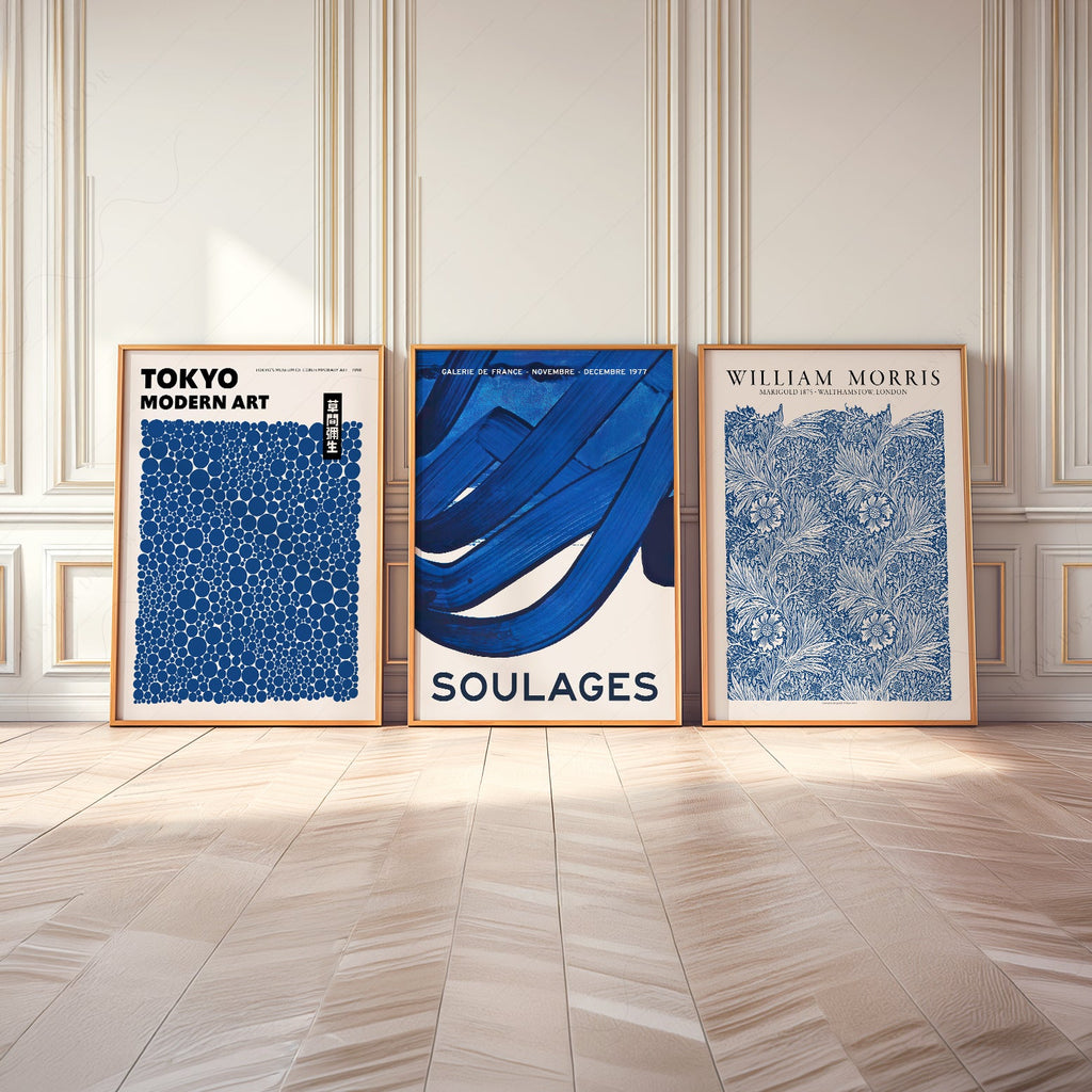 Ensemble mural bleu indigo de 3 pièces – Reproductions d'art Kusama Morris Soulages