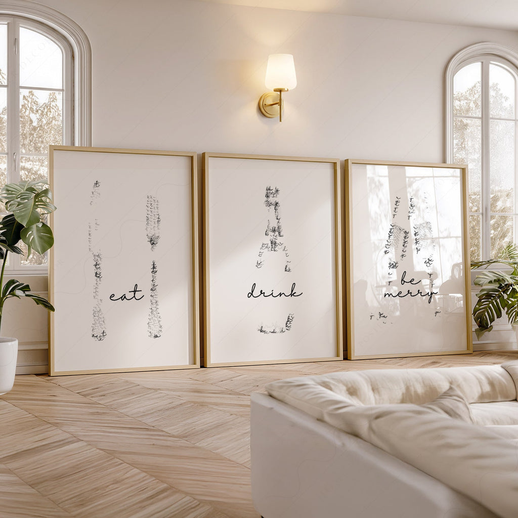 Eat Drink Be Merry Minimalist Print Set – Kitchen Wall Art Decor