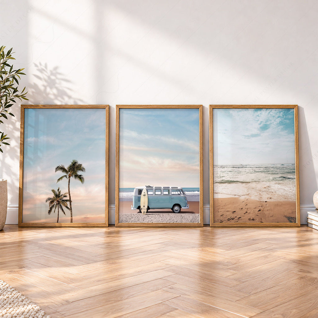 Ensemble de 3 impressions triptyque plage – Art mural côtier van VW palmier océan