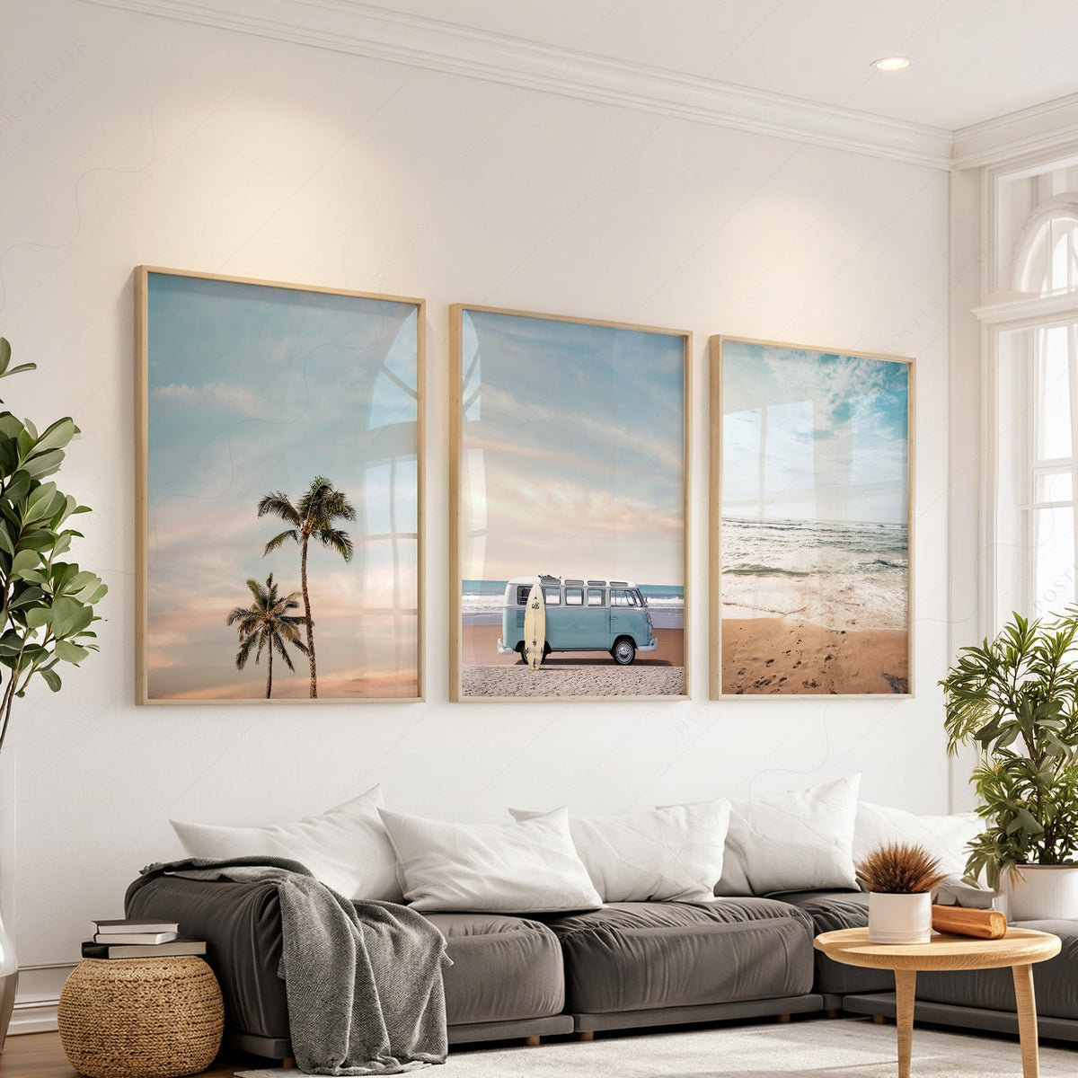 Ensemble de 3 impressions triptyque plage – Art mural côtier van VW palmier océan