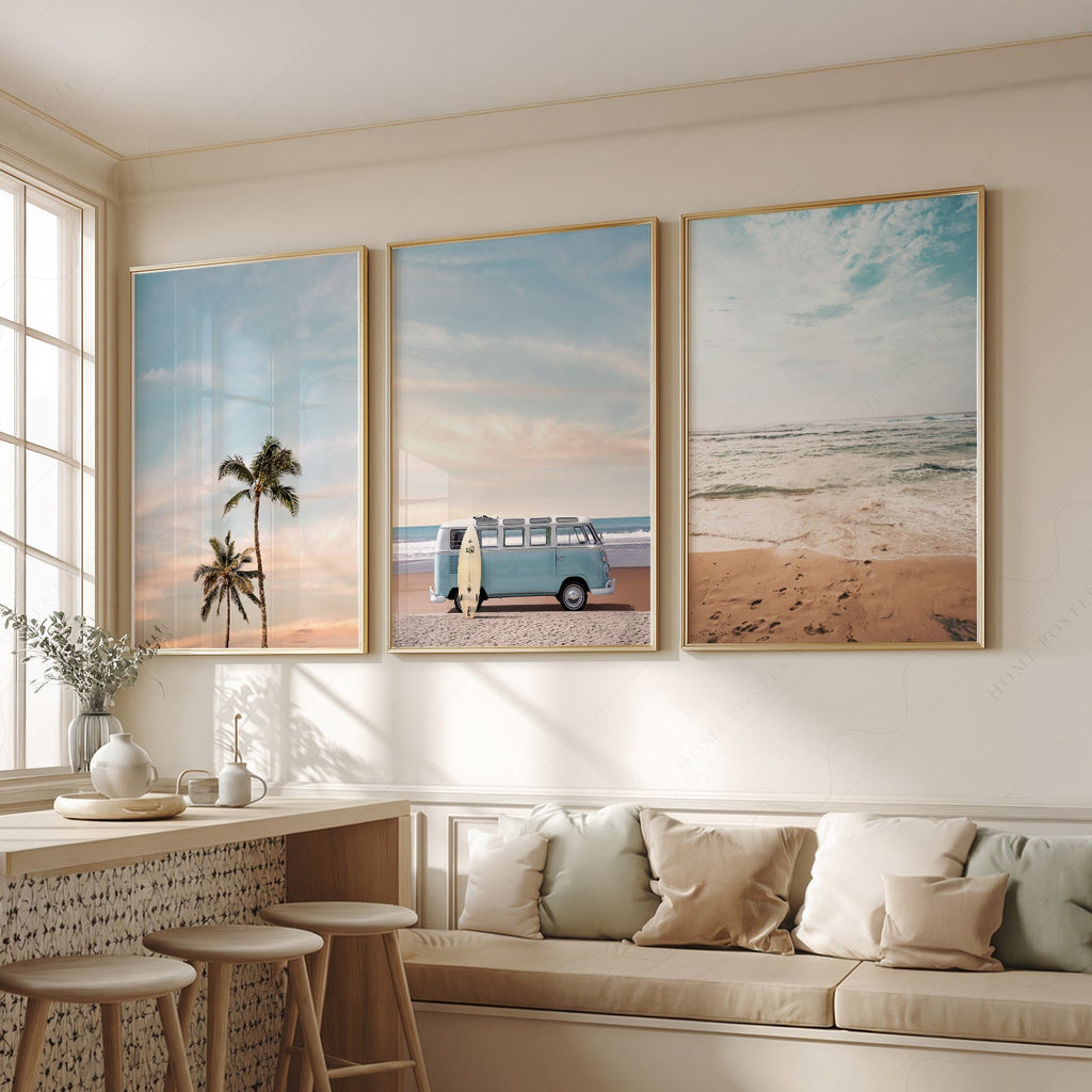Ensemble de 3 impressions triptyque plage – Art mural côtier van VW palmier océan
