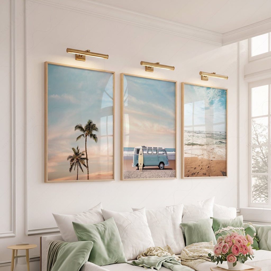 Ensemble de 3 impressions triptyque plage – Art mural côtier van VW palmier océan