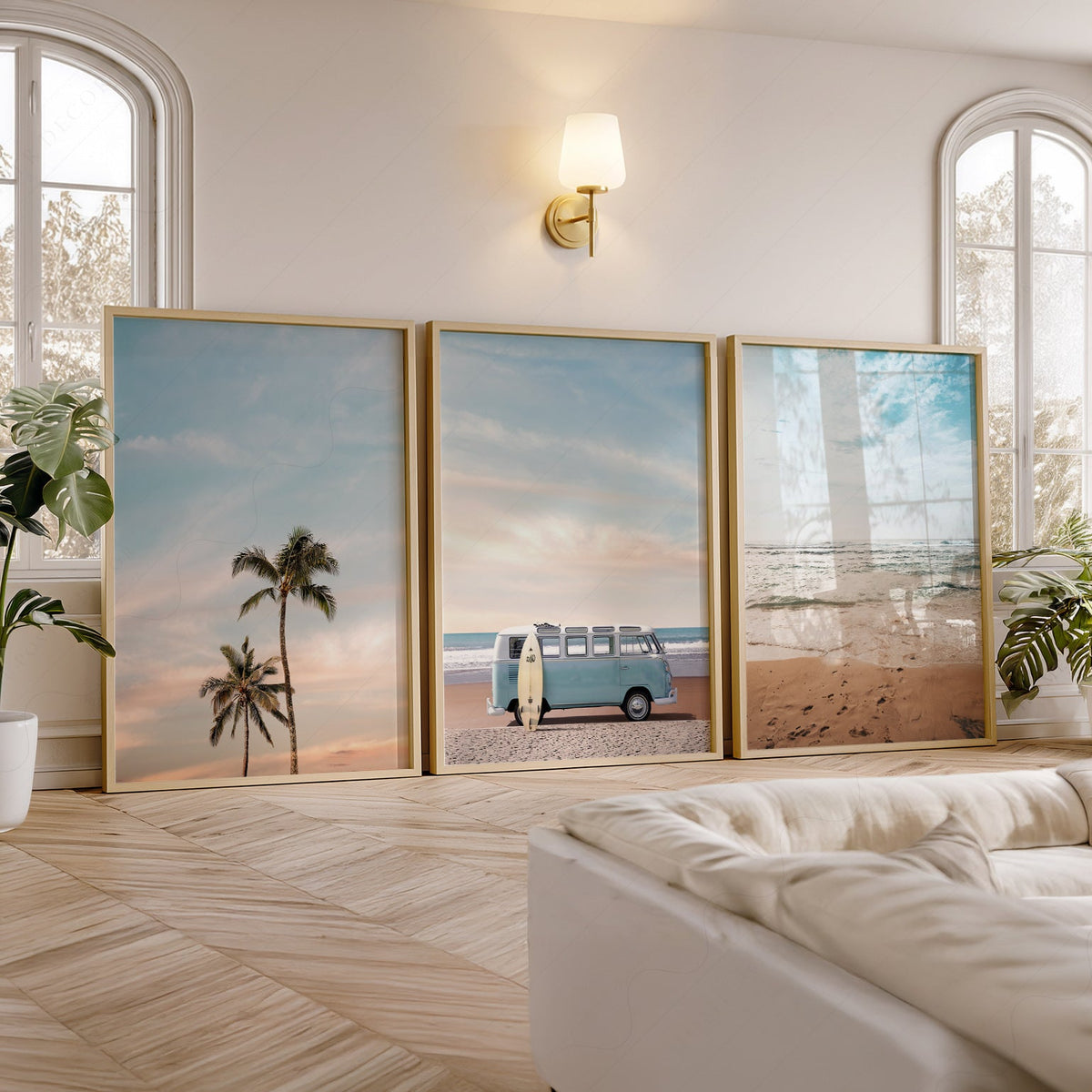 Ensemble de 3 impressions triptyque plage – Art mural côtier van VW palmier océan