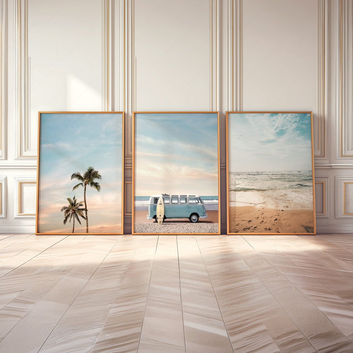 Ensemble de 3 impressions triptyque plage – Art mural côtier van VW palmier océan