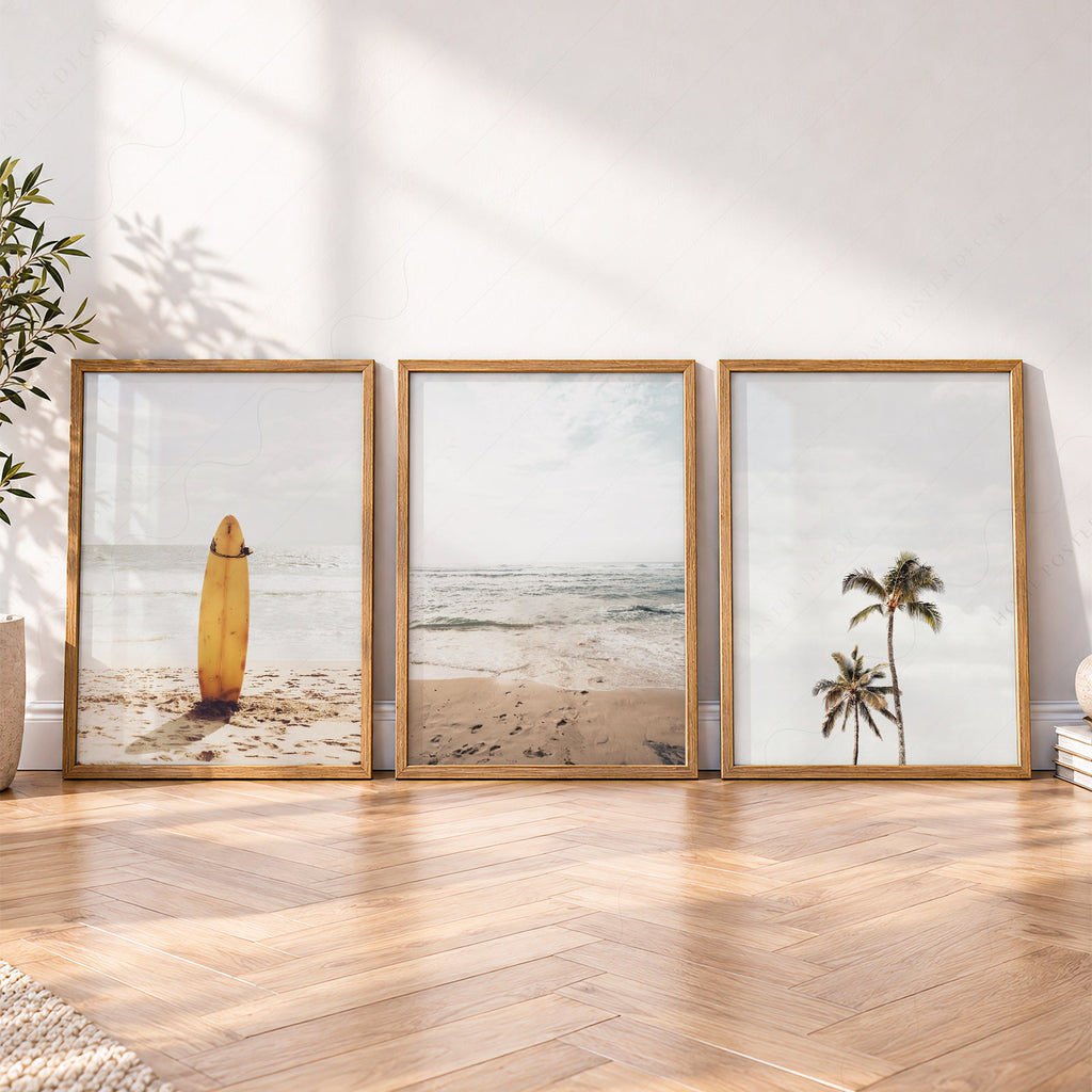 Beach Art Print Set of 3 – Surfboard Palm Tree Ocean Wall Art Posters