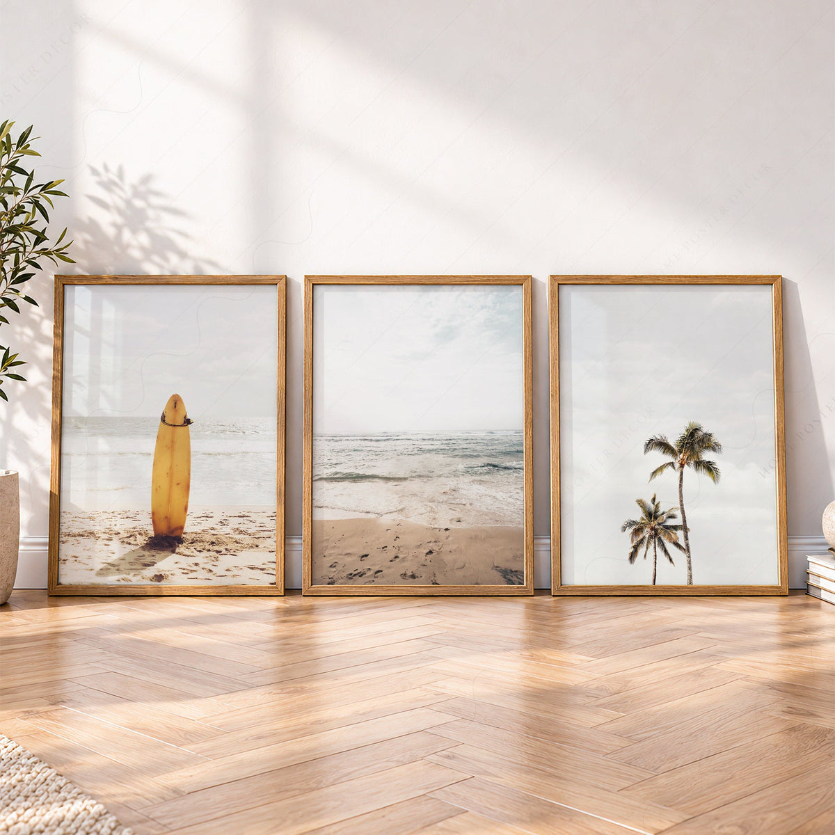Beach Art Print Set of 3 – Surfboard Palm Tree Ocean Wall Art Posters