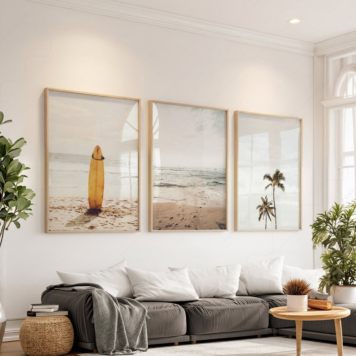 Beach Art Print Set of 3 – Surfboard Palm Tree Ocean Wall Art Posters