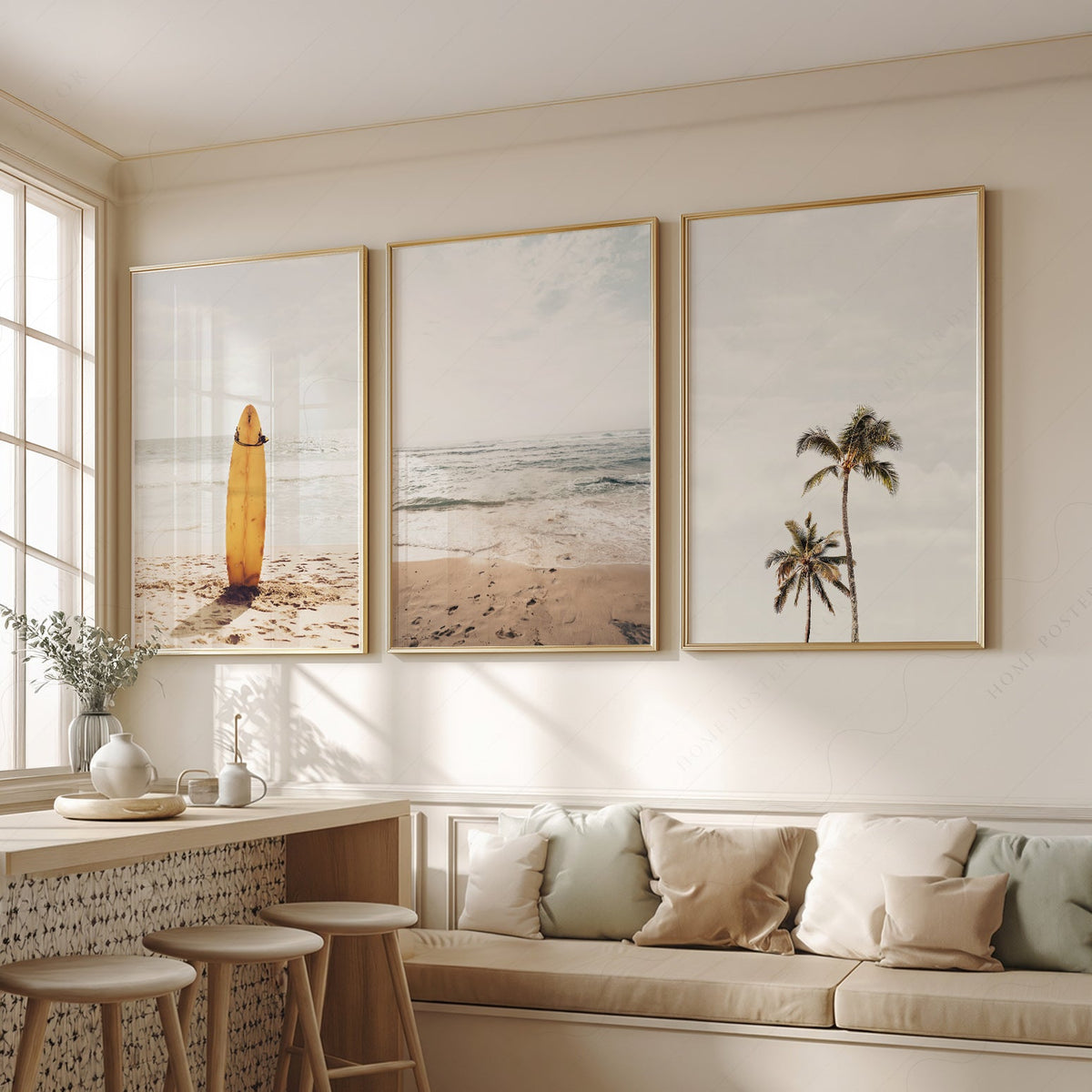 Beach Art Print Set of 3 – Surfboard Palm Tree Ocean Wall Art Posters