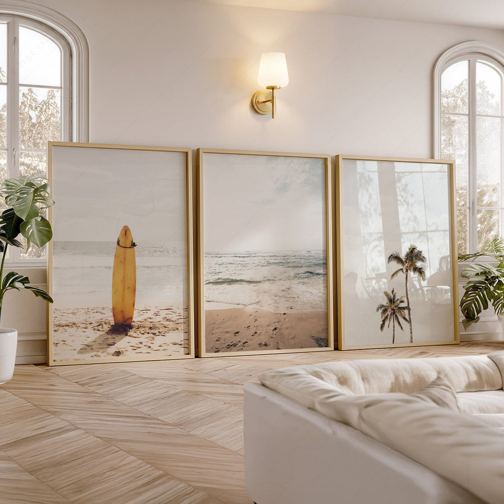 Beach Art Print Set of 3 – Surfboard Palm Tree Ocean Wall Art Posters