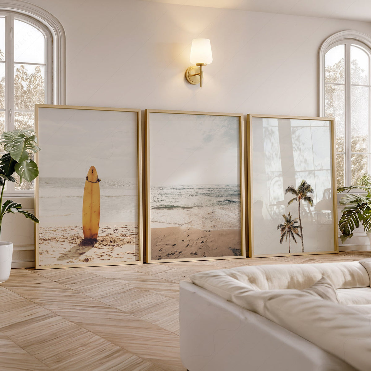 Beach Art Print Set of 3 – Surfboard Palm Tree Ocean Wall Art Posters