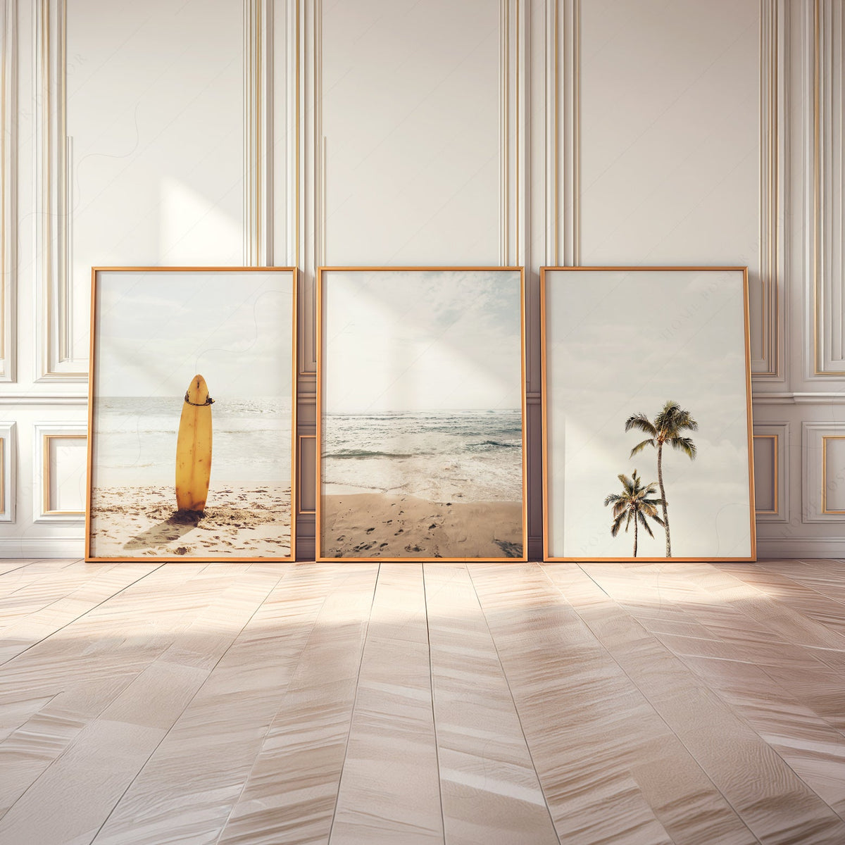 Beach Art Print Set of 3 – Surfboard Palm Tree Ocean Wall Art Posters