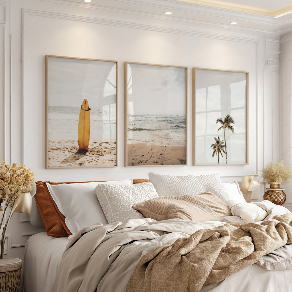 Beach Art Print Set of 3 – Surfboard Palm Tree Ocean Wall Art Posters