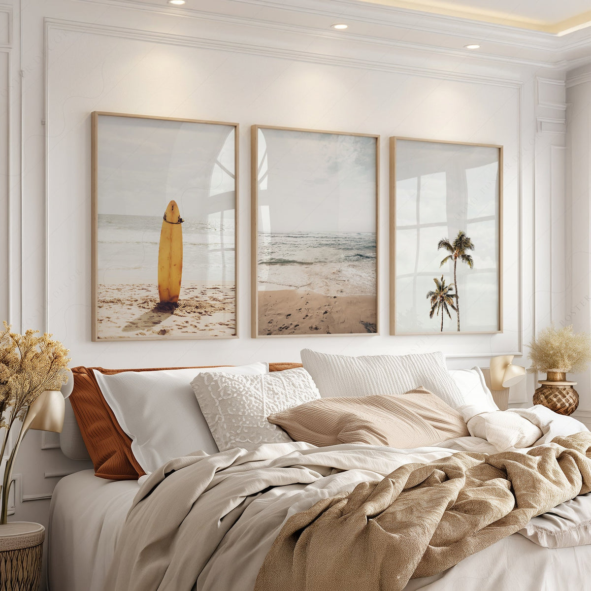 Beach Art Print Set of 3 – Surfboard Palm Tree Ocean Wall Art Posters