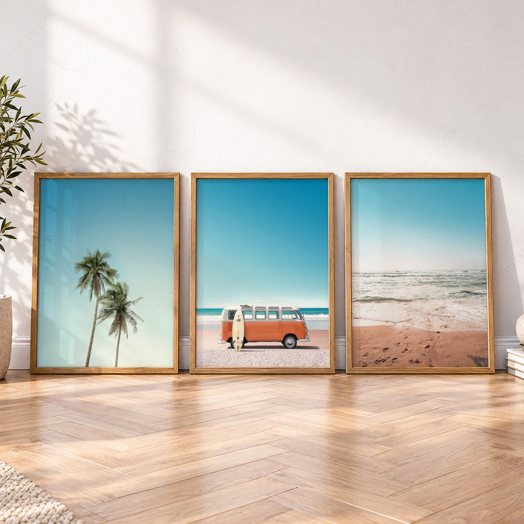 Set of 3 Beach Prints – Orange Kombi Van Palm Tree Ocean Wall Art