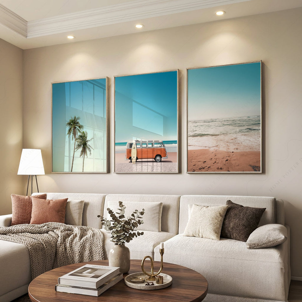 Set of 3 Beach Prints – Orange Kombi Van Palm Tree Ocean Wall Art