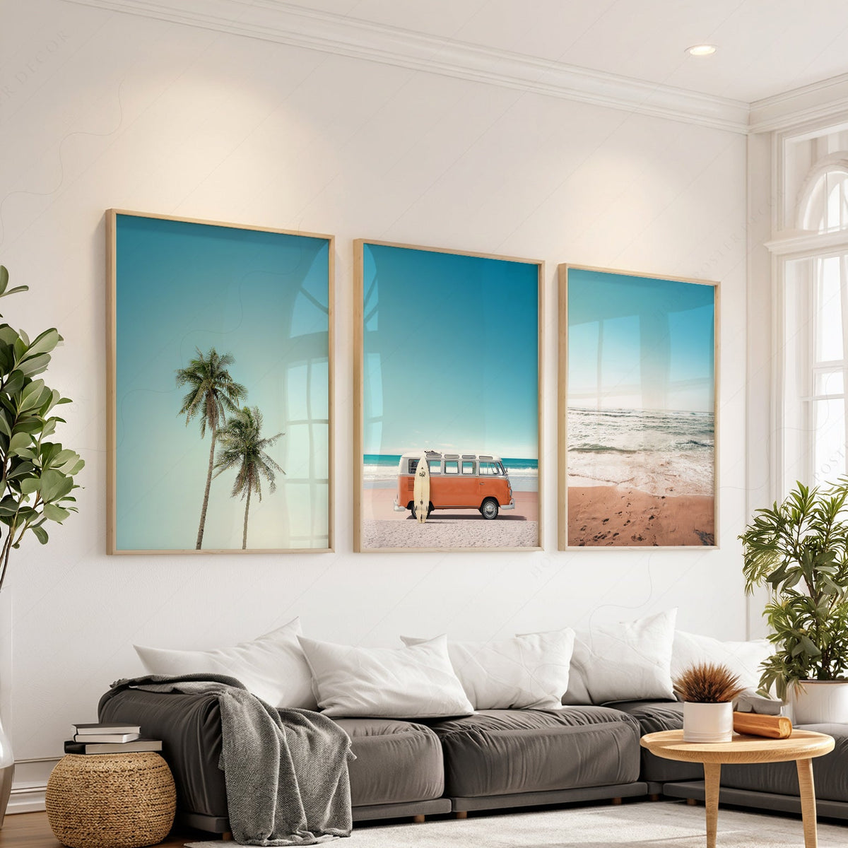 Set of 3 Beach Prints – Orange Kombi Van Palm Tree Ocean Wall Art