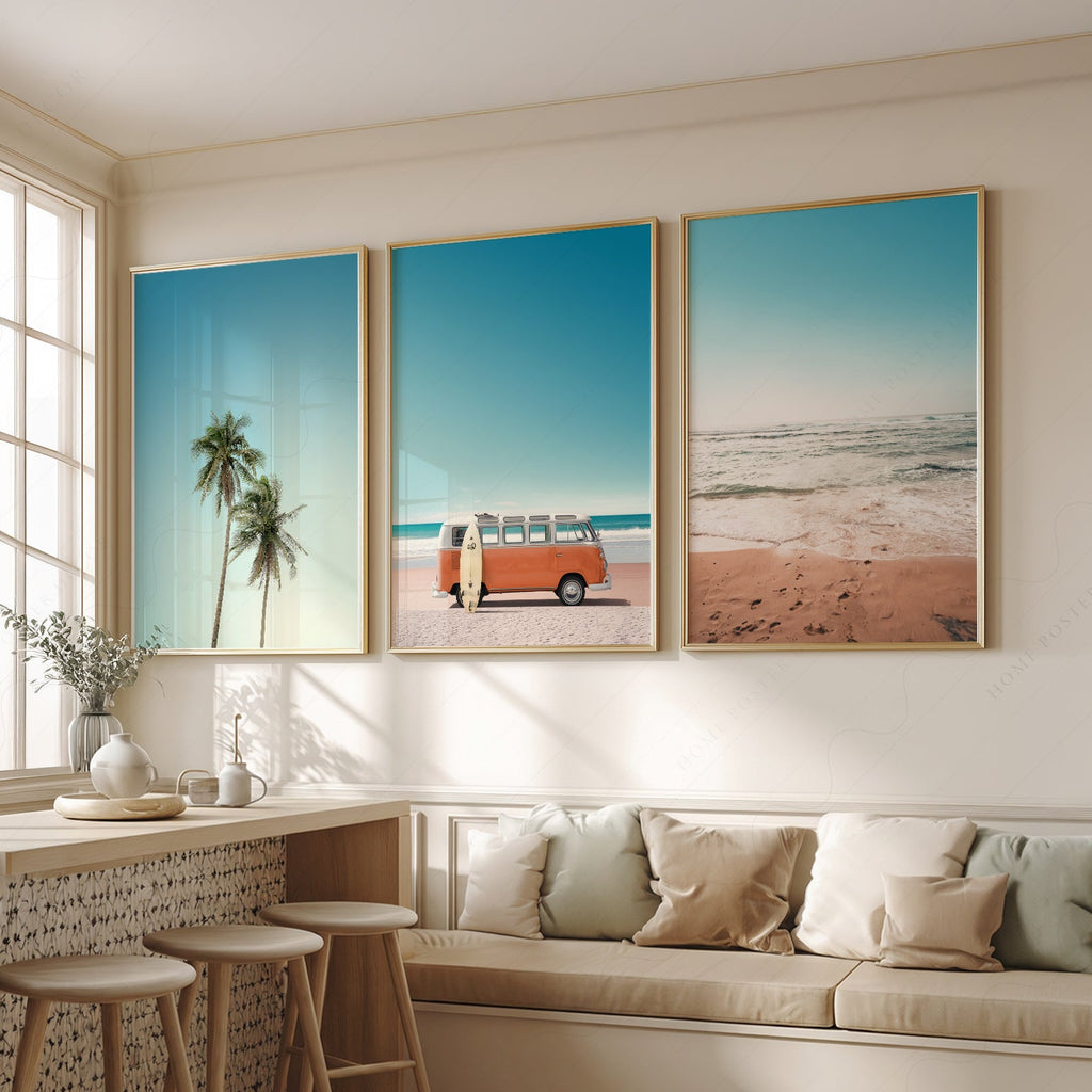 Set of 3 Beach Prints – Orange Kombi Van Palm Tree Ocean Wall Art