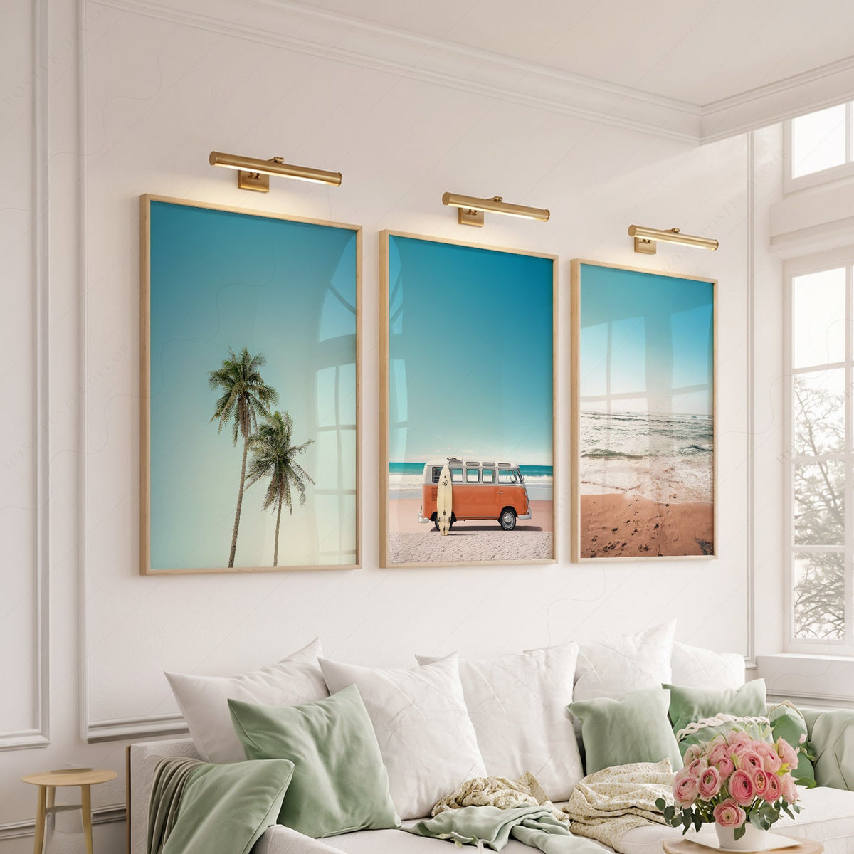 Set of 3 Beach Prints – Orange Kombi Van Palm Tree Ocean Wall Art