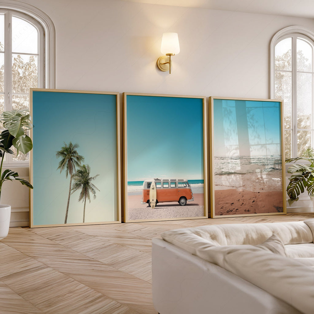 Set of 3 Beach Prints – Orange Kombi Van Palm Tree Ocean Wall Art