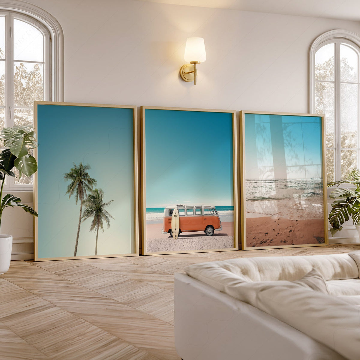 Set of 3 Beach Prints – Orange Kombi Van Palm Tree Ocean Wall Art