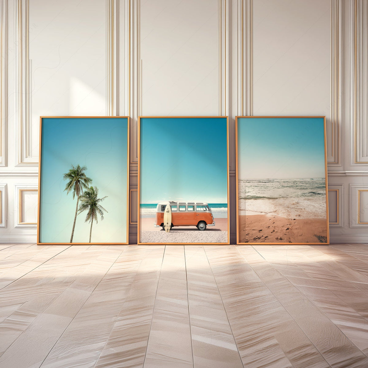 Set of 3 Beach Prints – Orange Kombi Van Palm Tree Ocean Wall Art