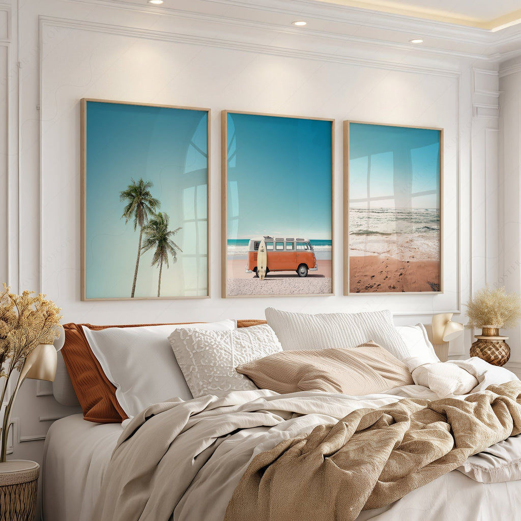 Set of 3 Beach Prints – Orange Kombi Van Palm Tree Ocean Wall Art