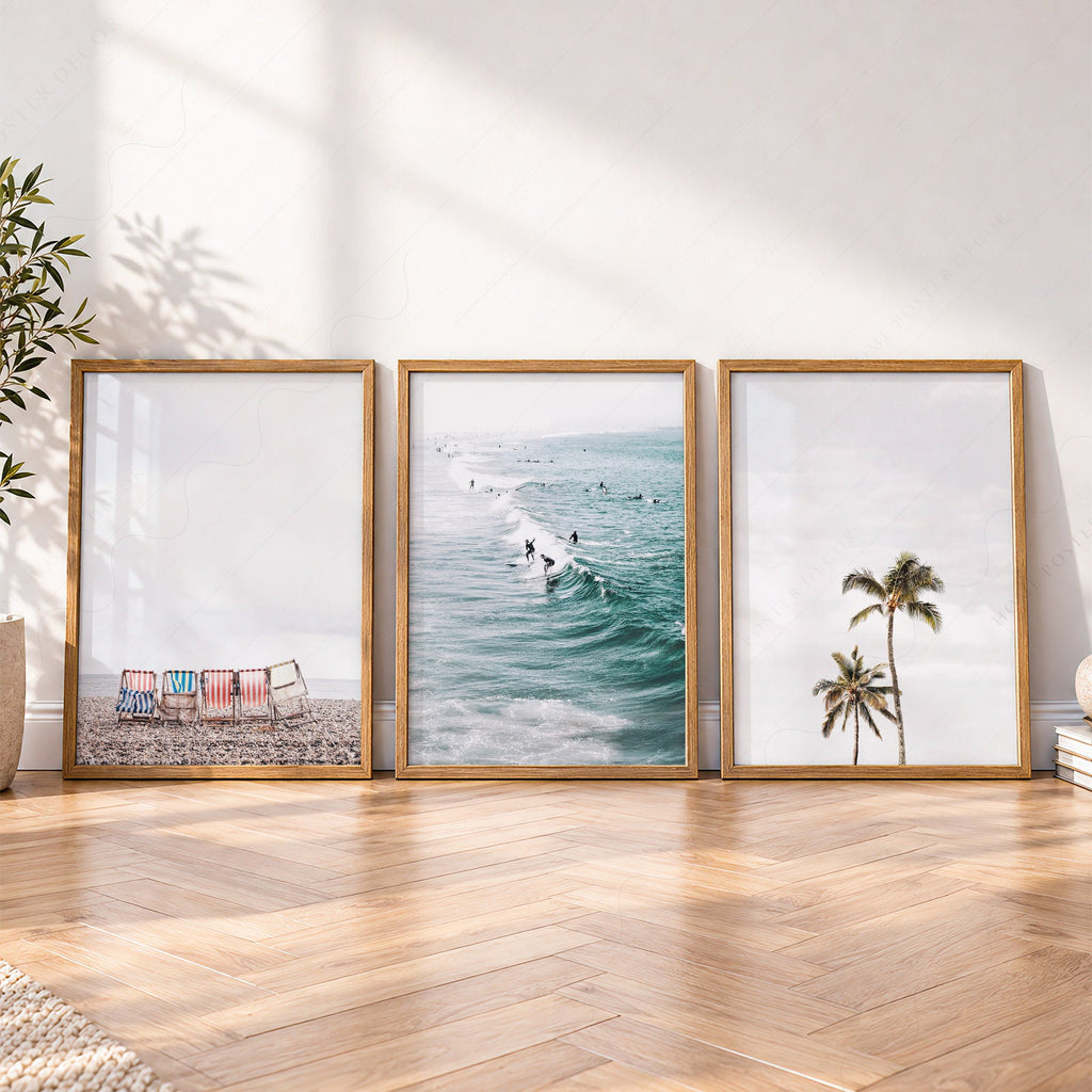 Coastal Beach Photography Set of 3 Prints – Surf Palm Tree Wall Art