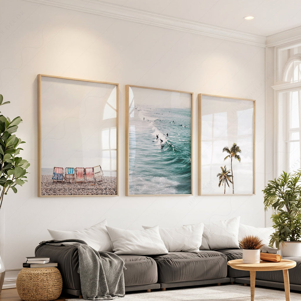 Coastal Beach Photography Set of 3 Prints – Surf Palm Tree Wall Art