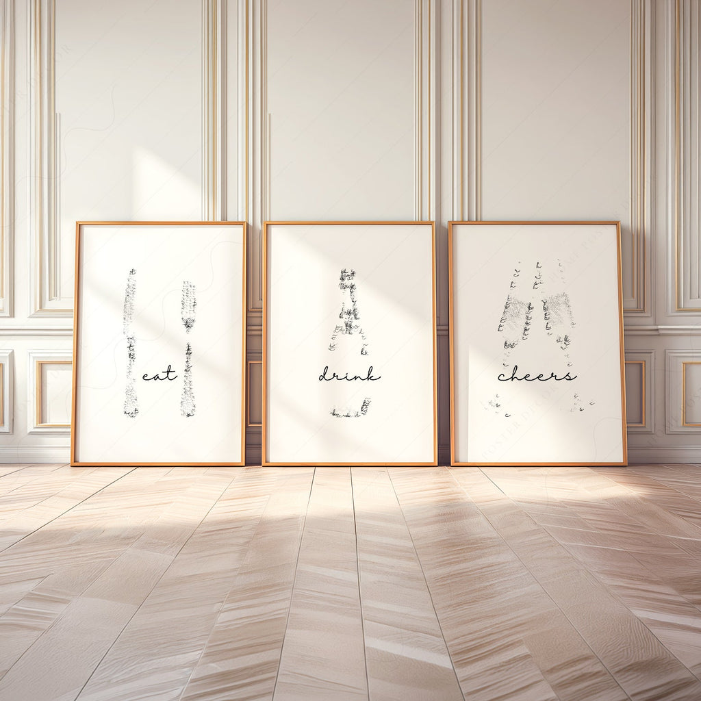 Eat Drink Cheers Set of 3 Prints – Minimalist Kitchen Wall Art Poster