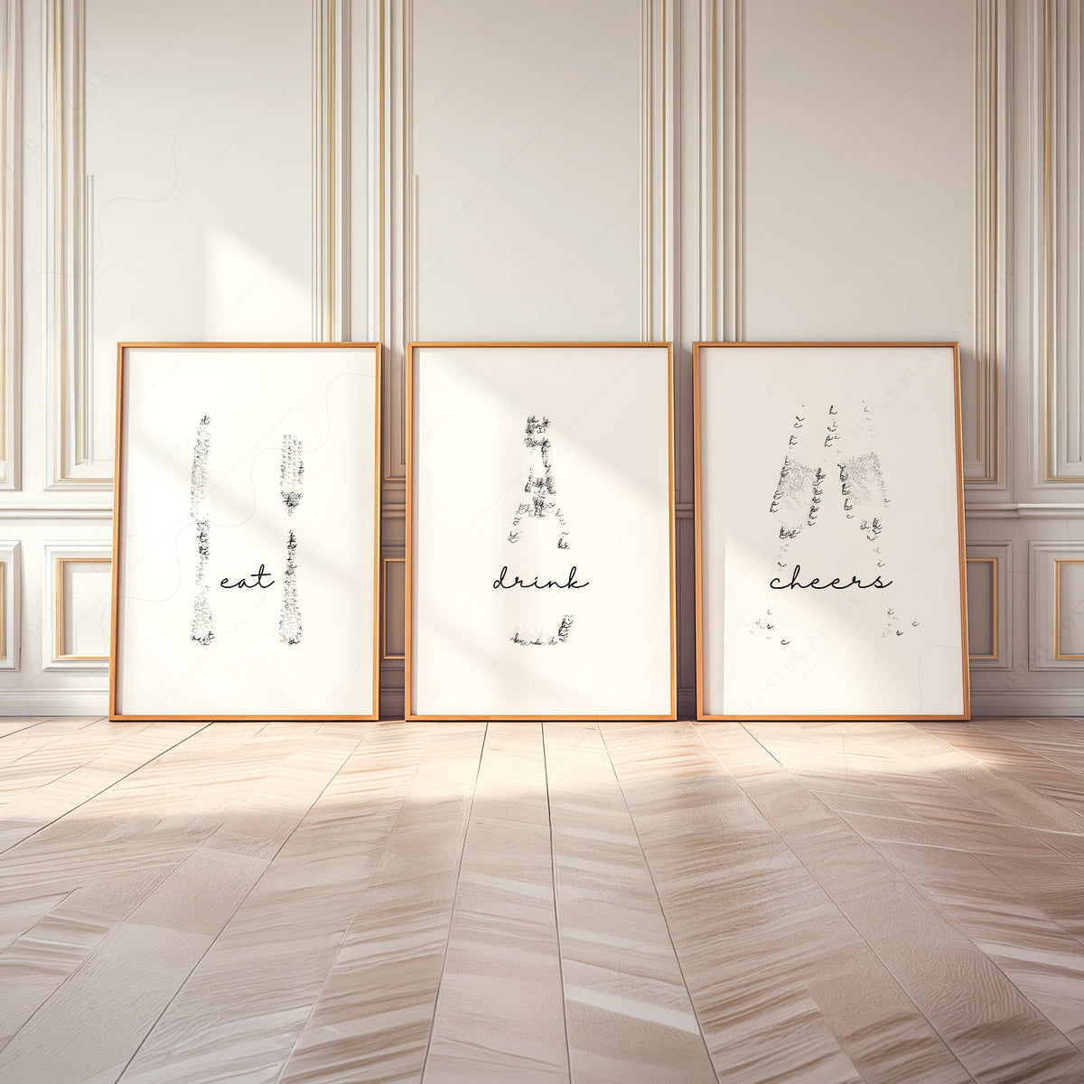 Eat Drink Cheers Set of 3 Prints – Minimalist Kitchen Wall Art Poster