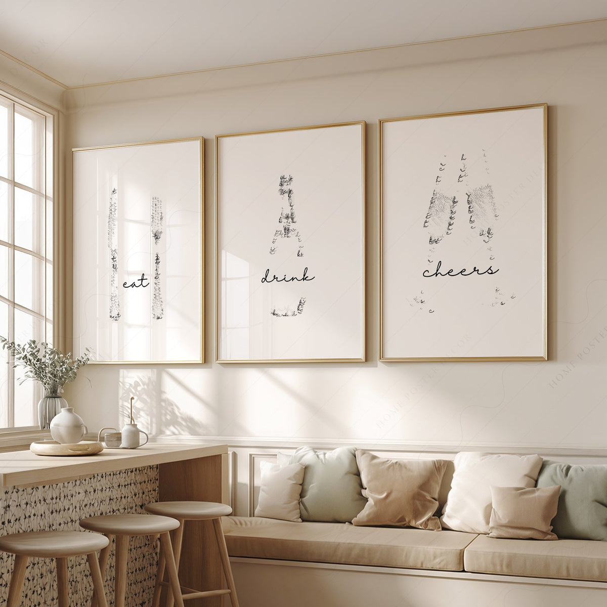 Eat Drink Cheers Set of 3 Prints – Minimalist Kitchen Wall Art Poster