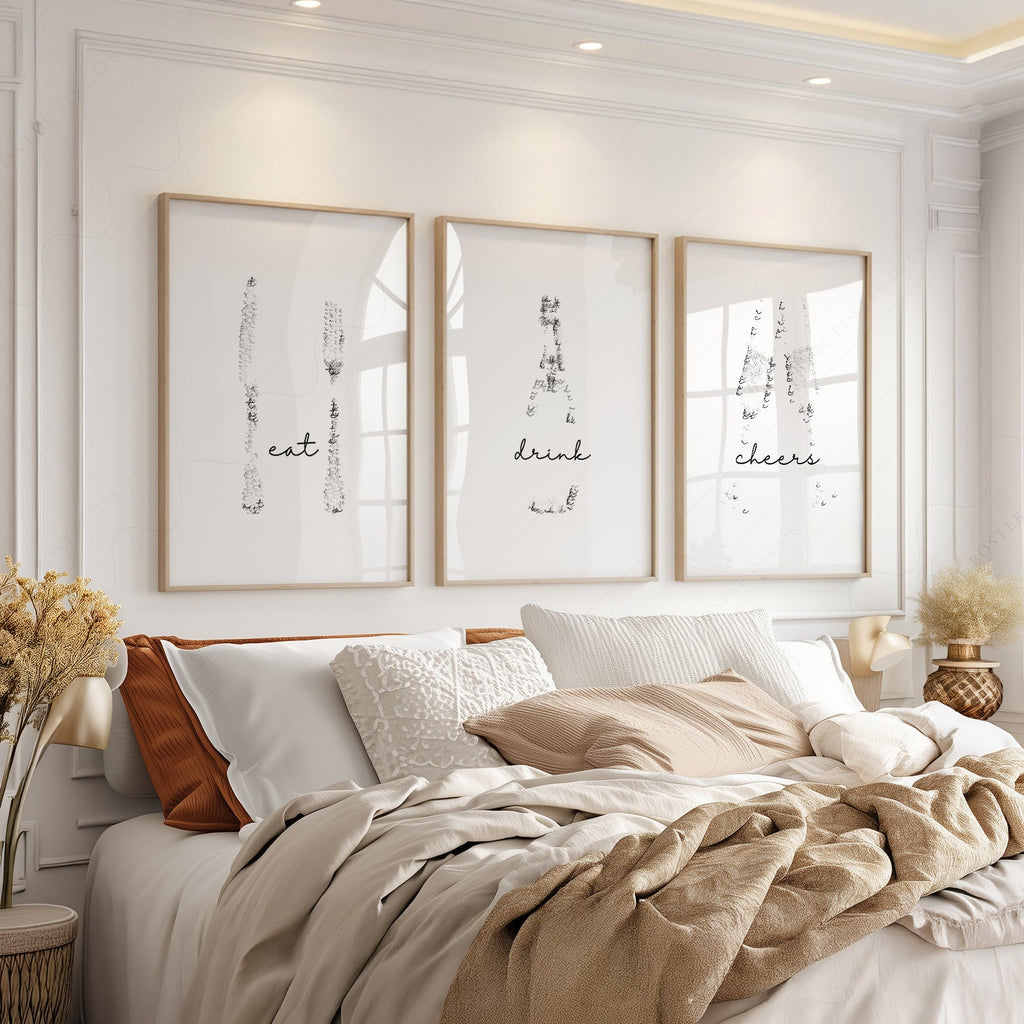 Eat Drink Cheers Set of 3 Prints – Minimalist Kitchen Wall Art Poster