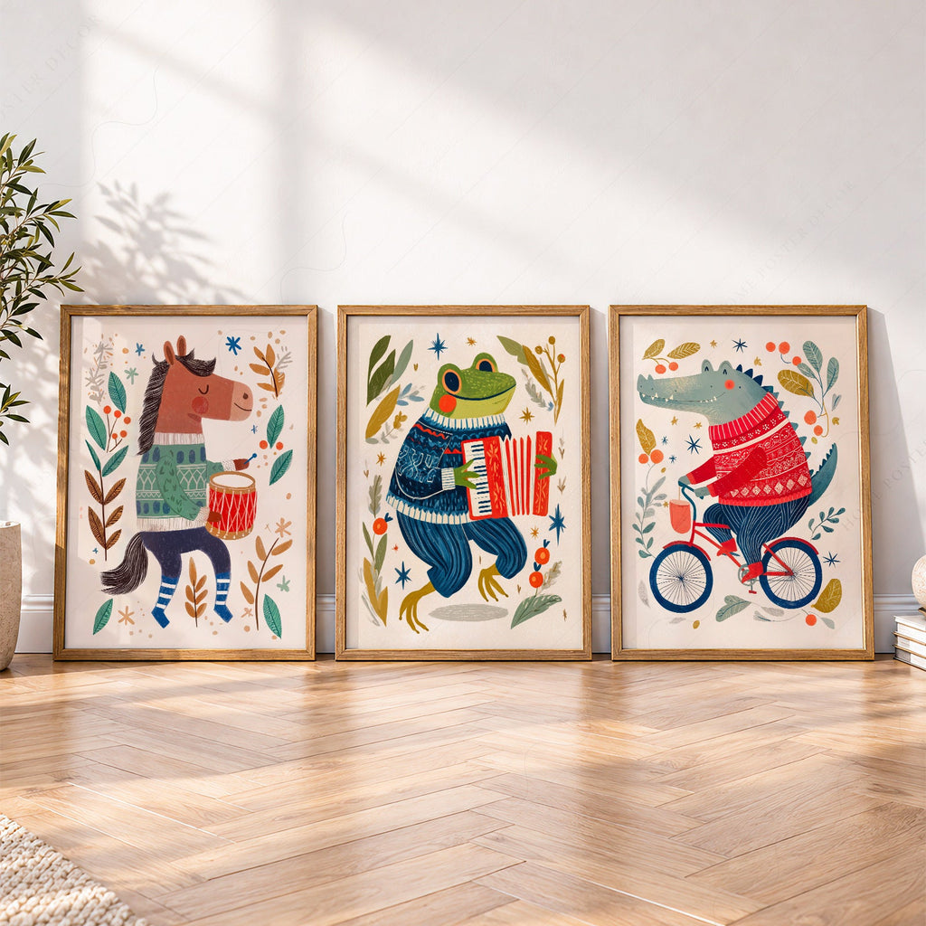 Whimsical Animal Nursery Art Set of 3 – Folk Style Kids Wall Decor Prints