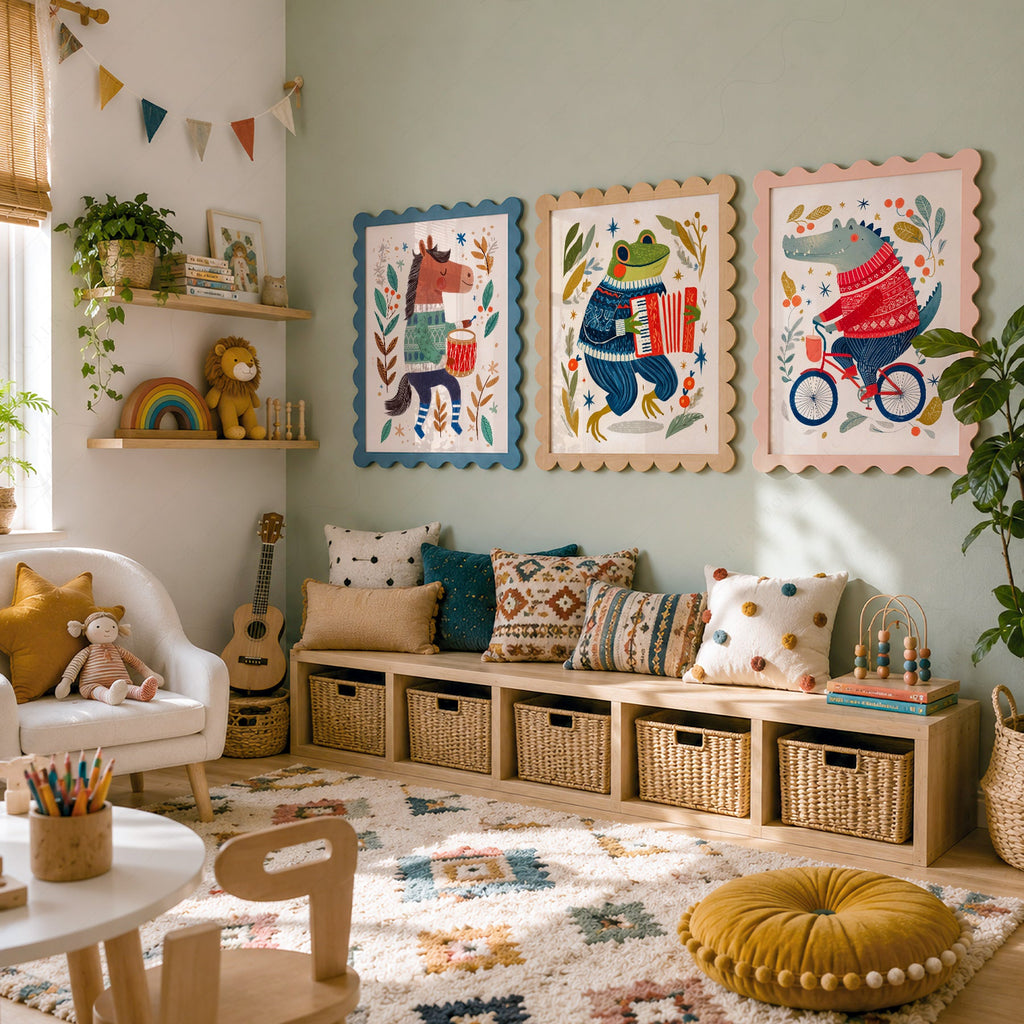 Whimsical Animal Nursery Art Set of 3 – Folk Style Kids Wall Decor Prints