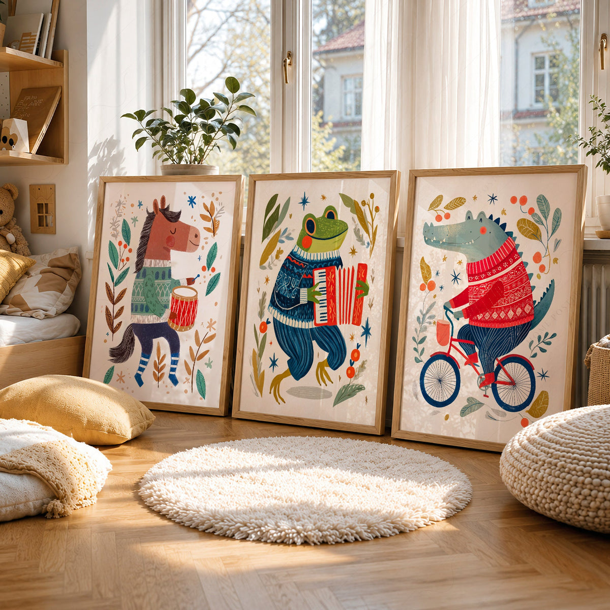 Whimsical Animal Nursery Art Set of 3 – Folk Style Kids Wall Decor Prints
