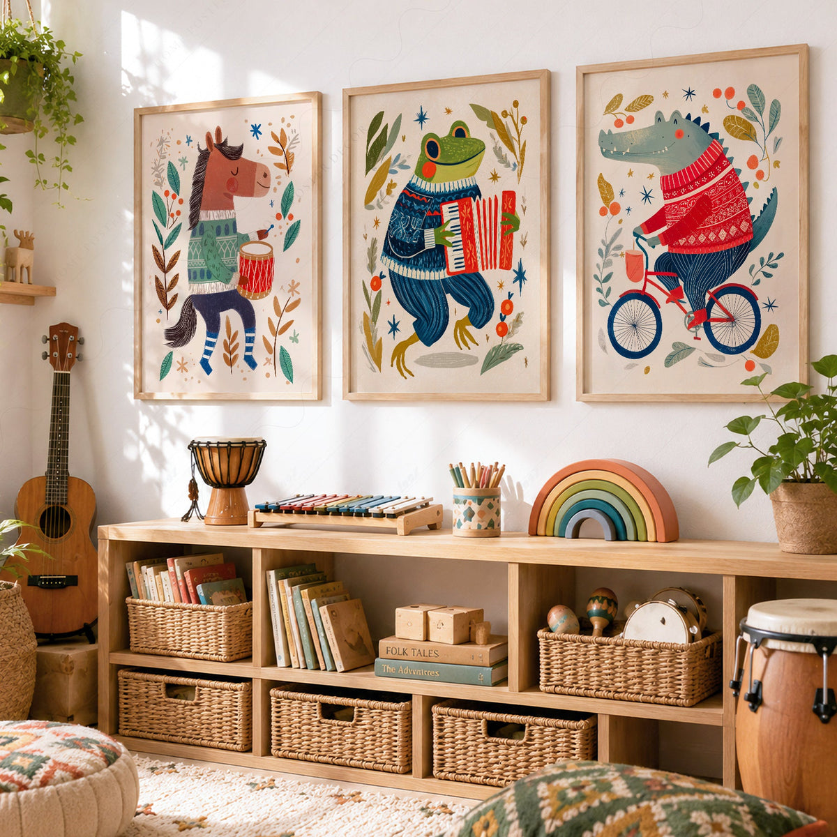 Whimsical Animal Nursery Art Set of 3 – Folk Style Kids Wall Decor Prints