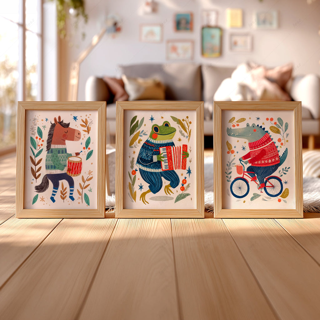 Whimsical Animal Nursery Art Set of 3 – Folk Style Kids Wall Decor Prints