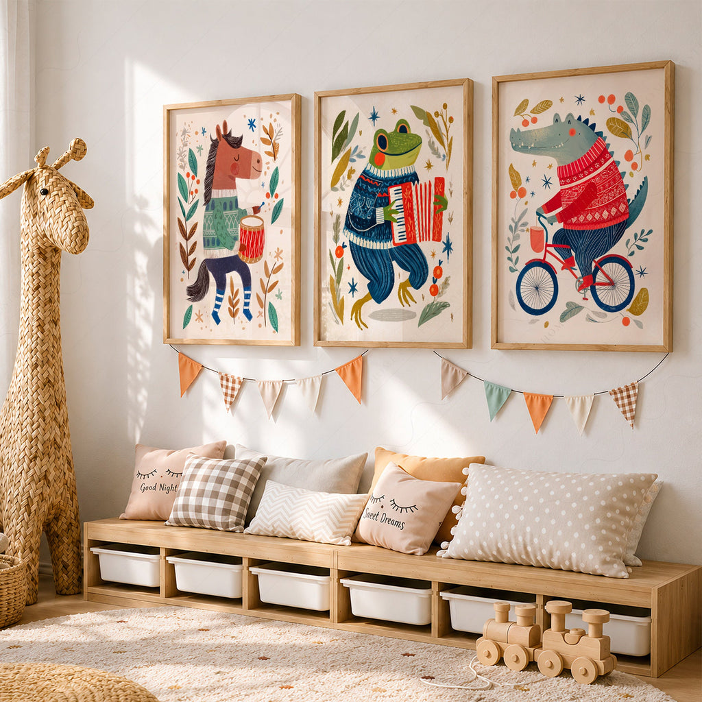 Whimsical Animal Nursery Art Set of 3 – Folk Style Kids Wall Decor Prints
