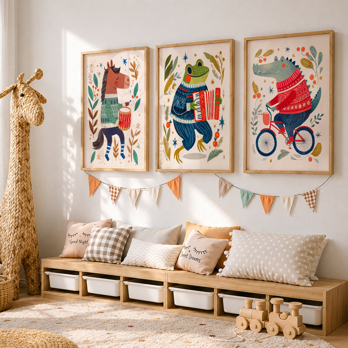 Whimsical Animal Nursery Art Set of 3 – Folk Style Kids Wall Decor Prints
