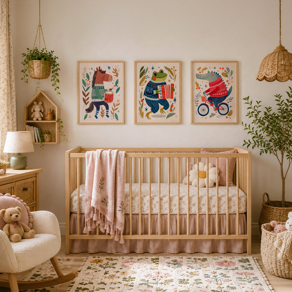 Whimsical Animal Nursery Art Set of 3 – Folk Style Kids Wall Decor Prints