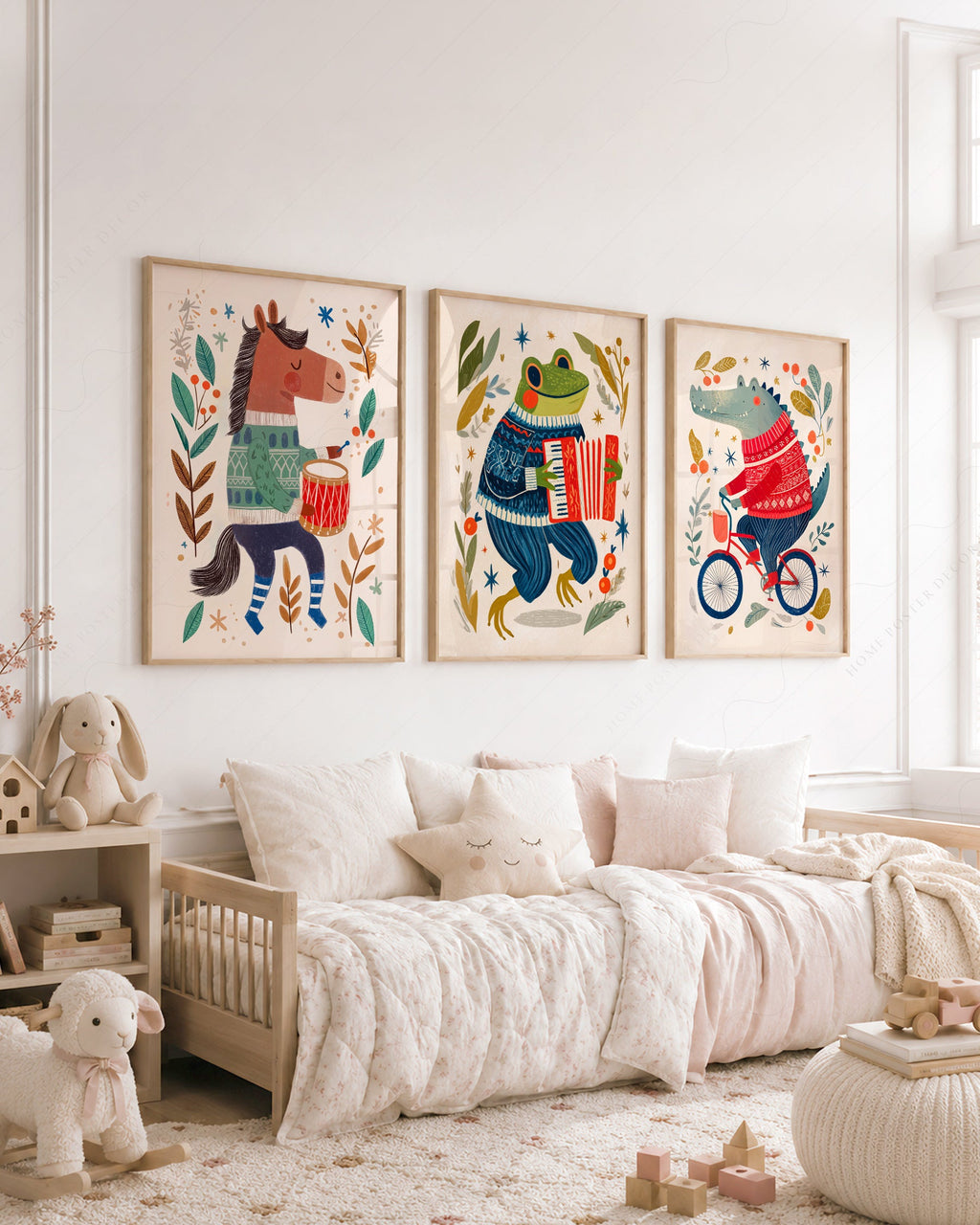 Whimsical Animal Nursery Art Set of 3 – Folk Style Kids Wall Decor Prints
